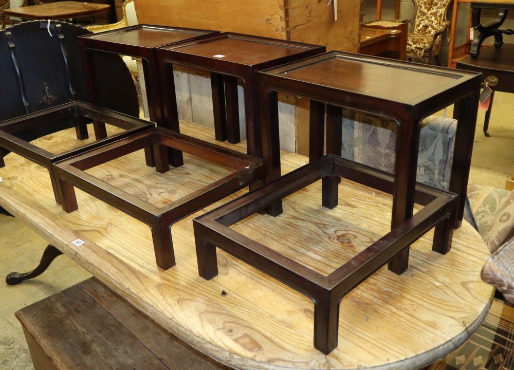 Three Chinese style rectangular hardwood occasional tables, W.43cm, D.30cm, H.40cm with three stands
